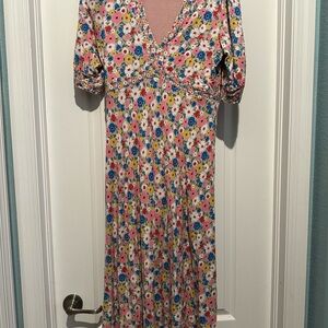 Boden Pink and Yellow Puff Sleeve Maxi Sundress